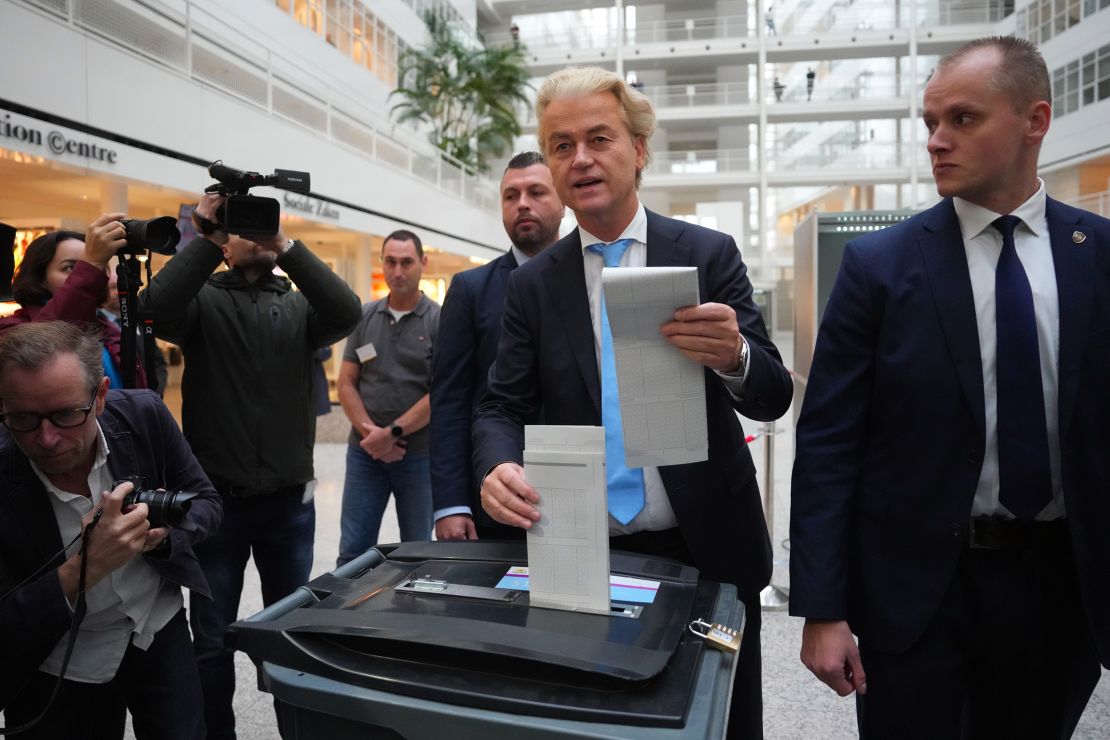 THE HAGUE, NETHERLANDS - NOVEMBER 22: Geert Wilders (C), Dutch right-wing politician and leader of the Party for Freedom (PVV), casts his vote in the Dutch general election on November 22, 2023 in The Hague, Netherlands. A snap general election will be held in the Netherlands today following the collapse of long-time Prime Minister Mark Rutte's Cabinet over disagreements on immigration policy. Mr Rutte has announced that he will not lead his party into the election and will be retiring from Dutch politics.