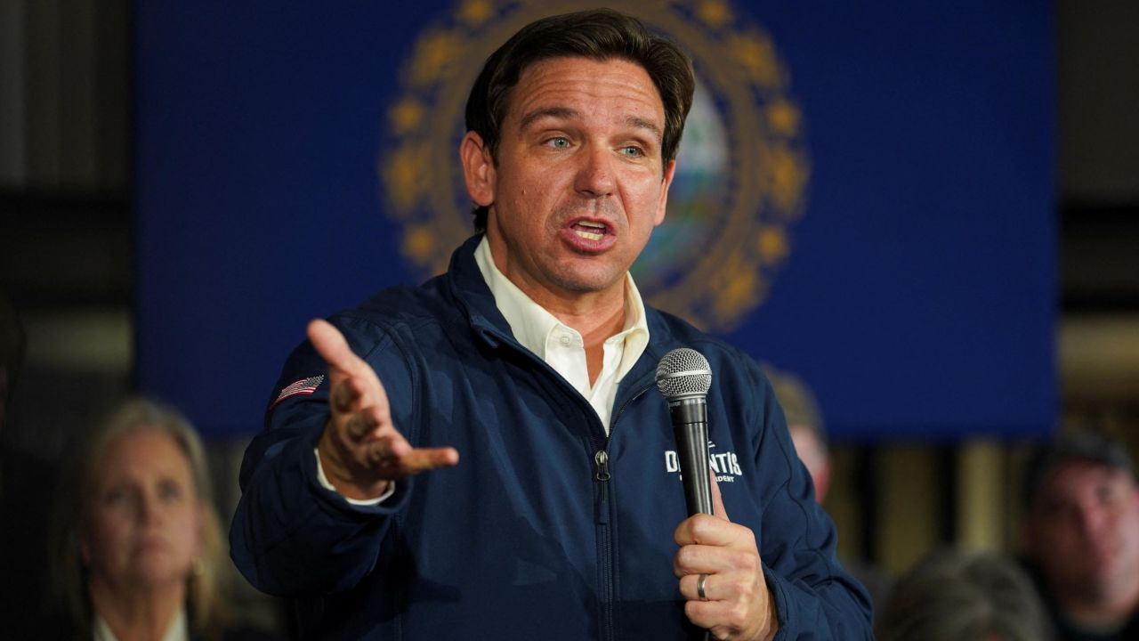 Republican presidential candidate and Florida Governor Ron DeSantis speaks at a Never Back Down campaign event in Keene, New Hampshire, U.S., on November 21, 2023. REUTERS/Sophie Park