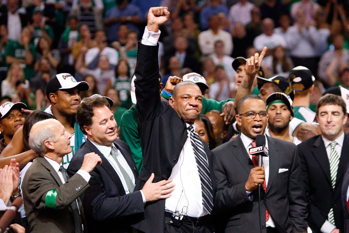BOSTON - JUNE 17:  (L-R) Managing Partners Robert Epstein and Stephen Pagliuca celebrate with head coach Doc Rivers of the Boston Celtics after the Celtics defeated the Los Angeles Lakers in Game Six of the 2008 NBA Finals on June 17, 2008 at TD Banknorth Garden in Boston, Massachusetts. The Celtics defeated the Lakers 131-92 to win the NBA Championship.  NOTE TO USER: User expressly acknowledges and agrees that, by downloading and/or using this Photograph, user is consenting to the terms and conditions of the Getty Images License Agreement.  (Photo by Jim Rogash/Getty Images)