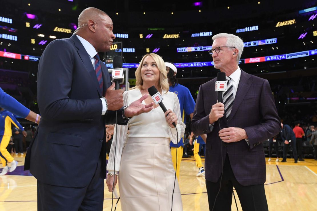 LOS ANGELES, CA - OCTOBER 13: Doc Rivers, Doris Burke, and Mike Breen talk before the game between the Golden State Warriors and the Los Angeles Lakers on October 13, 2023 at Crypto.Com Arena in Los Angeles, California. NOTE TO USER: User expressly acknowledges and agrees that, by downloading and/or using this Photograph, user is consenting to the terms and conditions of the Getty Images License Agreement. Mandatory Copyright Notice: Copyright 2023 NBAE (Photo by Andrew D. Bernstein/NBAE via Getty Images)