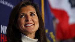 Republican presidential candidate and former U.S. Ambassador to the United Nations Nikki Haley listens as she is introduced during a campaign stop in Hooksett, New Hampshire, U.S., November 20, 2023.   REUTERS/Brian Snyder