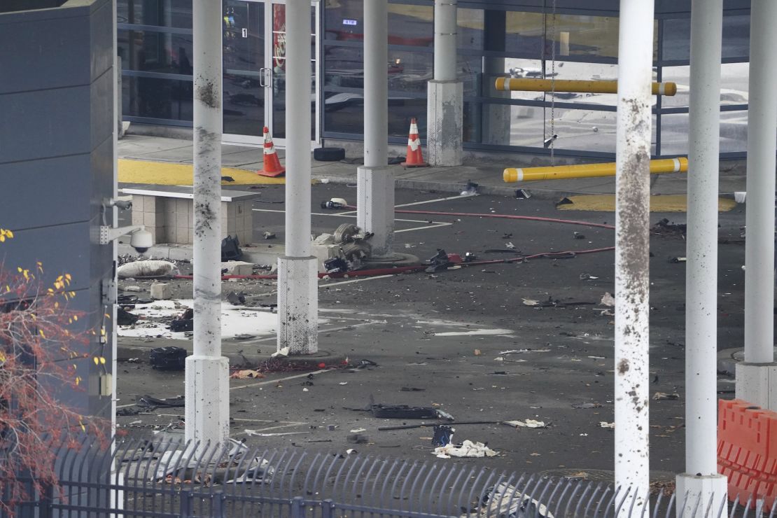 Debris is scattered about inside the customs plaza at the Rainbow Bridge border crossing, Wednesday, Nov. 22, 2023, in Niagara Falls, N.Y. The border crossing between the U.S. and Canada has been closed after a vehicle exploded at a checkpoint on a bridge near Niagara Falls. The FBI's field office in Buffalo said in a statement that it was investigating the explosion on the Rainbow Bridge, which connects the two countries across the Niagara River. (Derek Gee/The Buffalo News via AP)