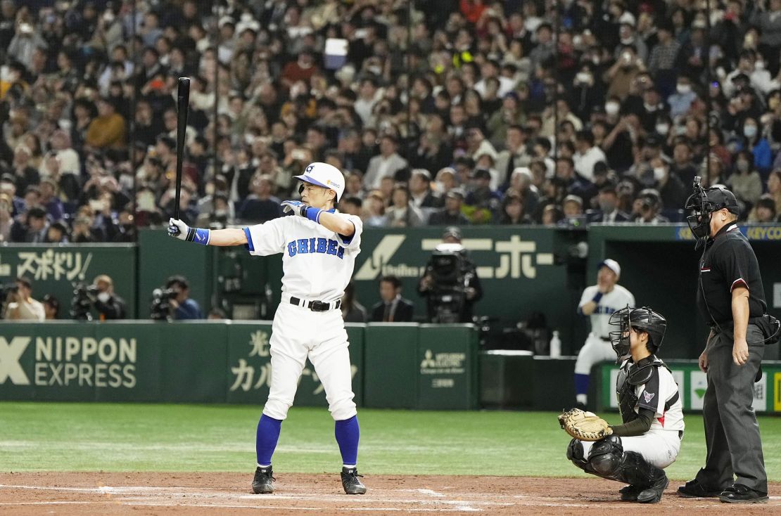 Former Seattle Mariners outfielder Ichiro Suzuki bats during a game between his amateur baseball team Kobe Chiben and a team of selected high school female players at Tokyo Dome in the Japanese capital on Nov. 21, 2023. (Photo by Kyodo News via Getty Images)