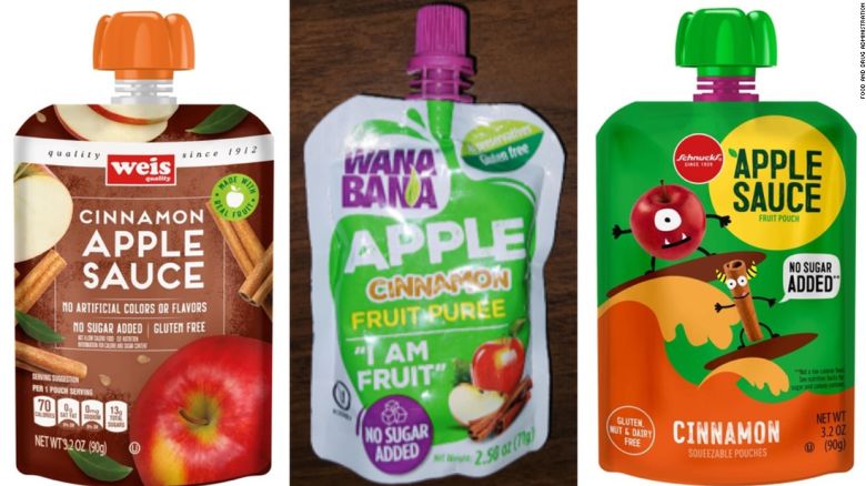 The FDA recalled certain apple puree and applesauce products from three brands of fruit pouches: WanaBana apple cinnamon fruit puree pouches, Schnucks brand cinnamon-flavored applesauce pouches and variety pack, Weis brand cinnamon applesauce pouches.