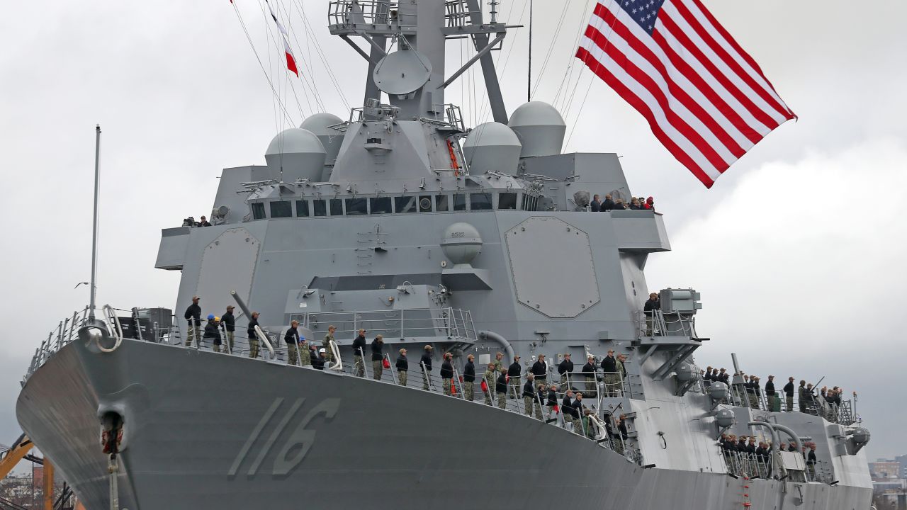 BOSTON, MA - NOVEMBER 26: The USS Thomas Hudner, named after Concord's Medal of Honor recipient Thomas Hudner, arrives in Boston for its commissioning ceremony later in the week on Nov. 26, 2018. (Photo by David L. Ryan/The Boston Globe via Getty Images)