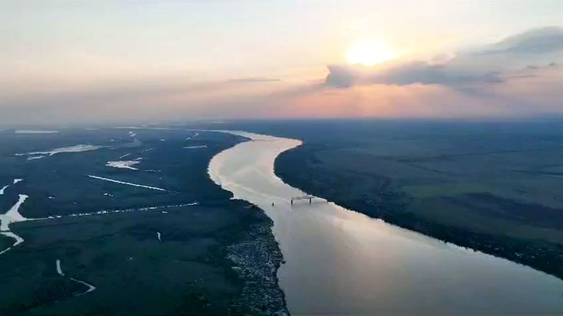 Drone footage of the Dnipro River obtained by CNN
