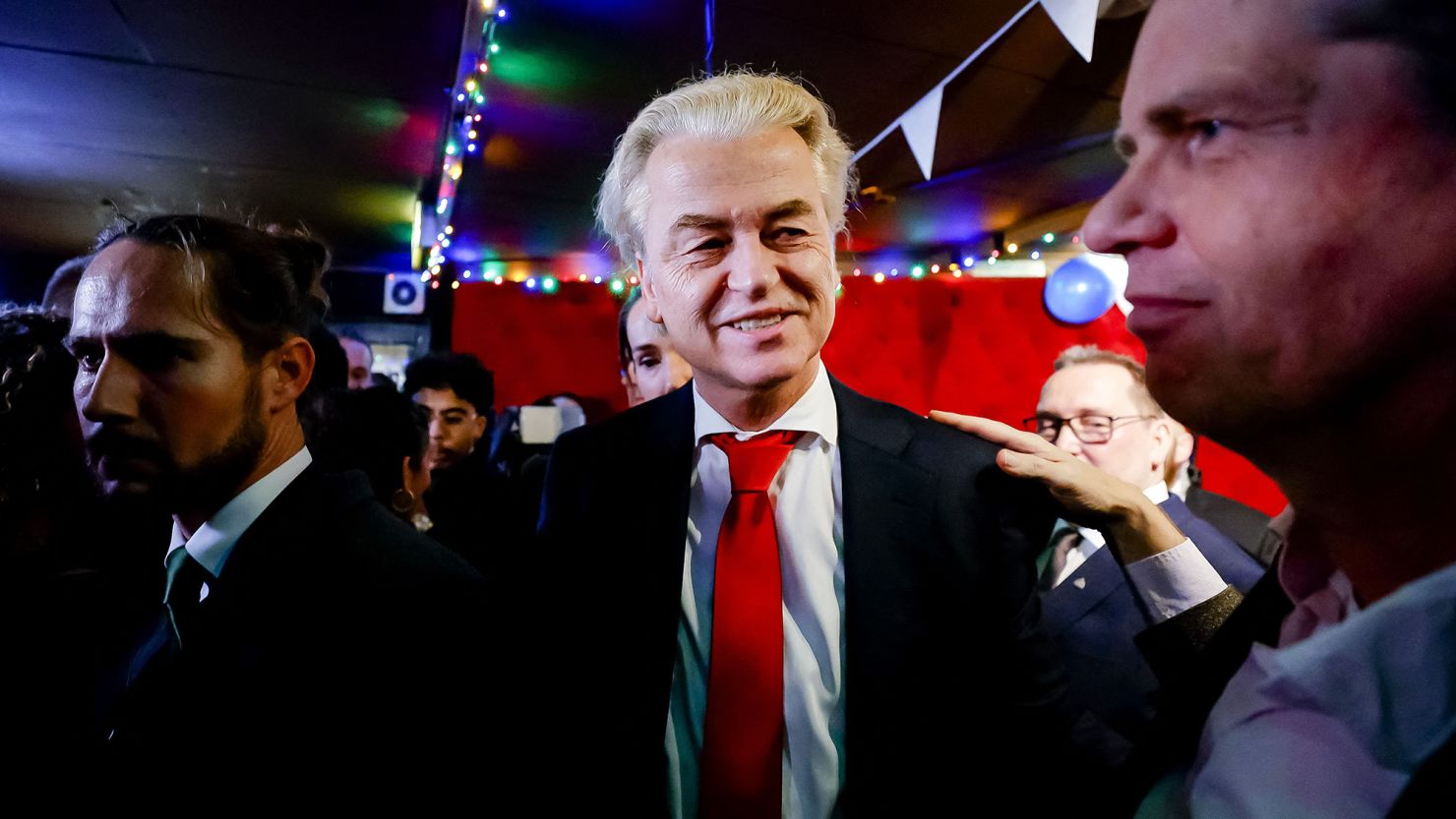 TOPSHOT - PVV leader Geert Wilders reacts to the results of the House of Representatives elections in Scheveningen, the Netherlands, 22 November 2023. The far-right, anti-Islam party of firebrand politician Geert Wilders has won a stunning victory in the Dutch election, partial results showed Wednesday, a political bombshell that will resound in Europe and around the world. (Photo by Remko de Waal / ANP / AFP) / Netherlands OUT - Belgium OUT (Photo by REMKO DE WAAL/ANP/AFP via Getty Images)