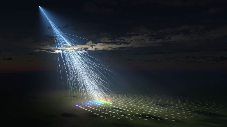 Artist's illustration of the extremely energetic cosmic ray observed by a surface detector array of the Telescope Array experiment, named "Amaterasu particle." Osaka Metropolitan University/L-INSIGHT, Kyoto University/Ryuunosuke Takeshige