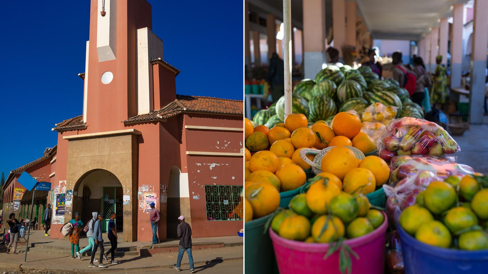 Left: PHWHM0 Old portuguese colonial central market entrance, Huila Province, Lubango, Angola / Right: PHWJMF Fruits sold in the central market, Huila Province, Lubango, Angola