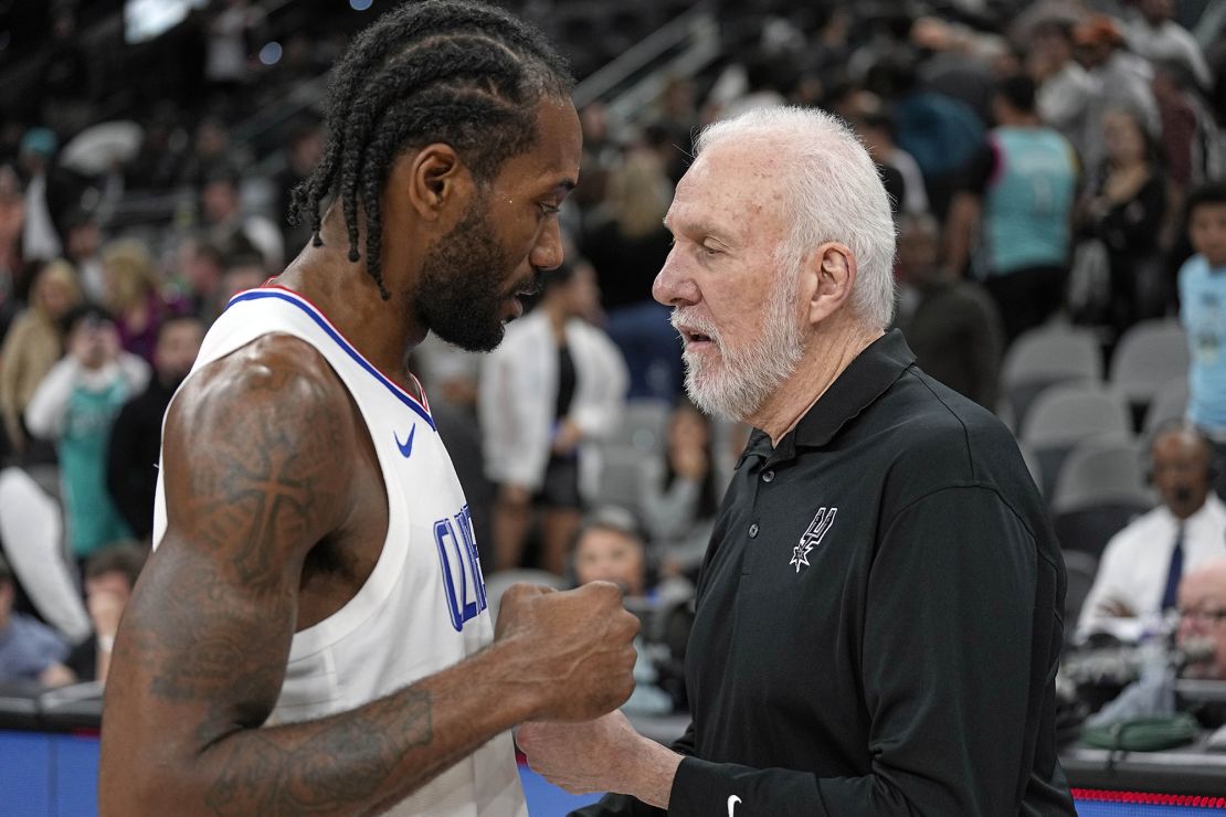 Nov 22, 2023; San Antonio, Texas, USA; San Antonio Spurs head coach Gregg Popovich talks with Los Angeles Clippers forward Kawhi Leonard (2) after a game at Frost Bank Center. Mandatory Credit: Scott Wachter-USA TODAY Sports