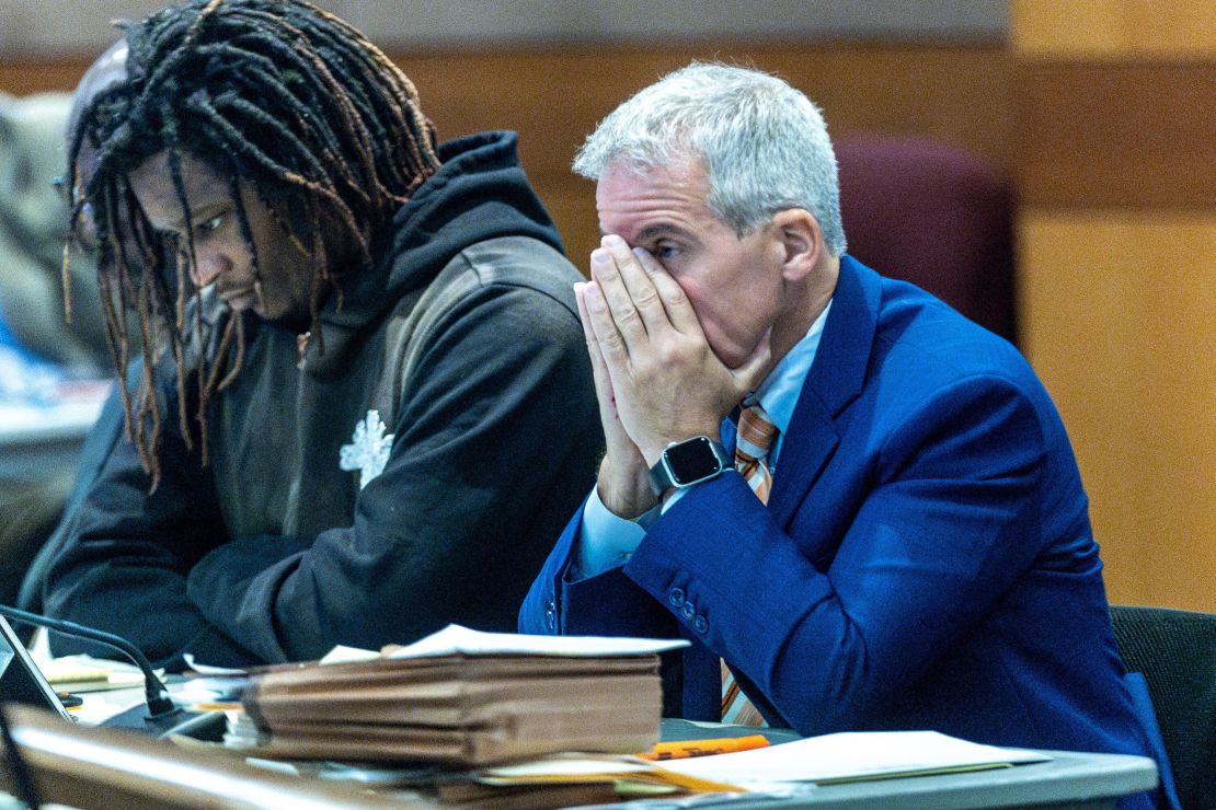 Atlanta rapper Young Thug sits next to his defense attorney Brian Steel during jury selection in the "Young Slime Life" gang case at the Fulton County Courthouse Tuesday, Sept. 26, 2023. (Steve Schaefer/The Atlanta Journal-Constitution/TNS/ABACAPRESS.COM - NO FILM, NO VIDEO, NO TV, NO DOCUMENTARY