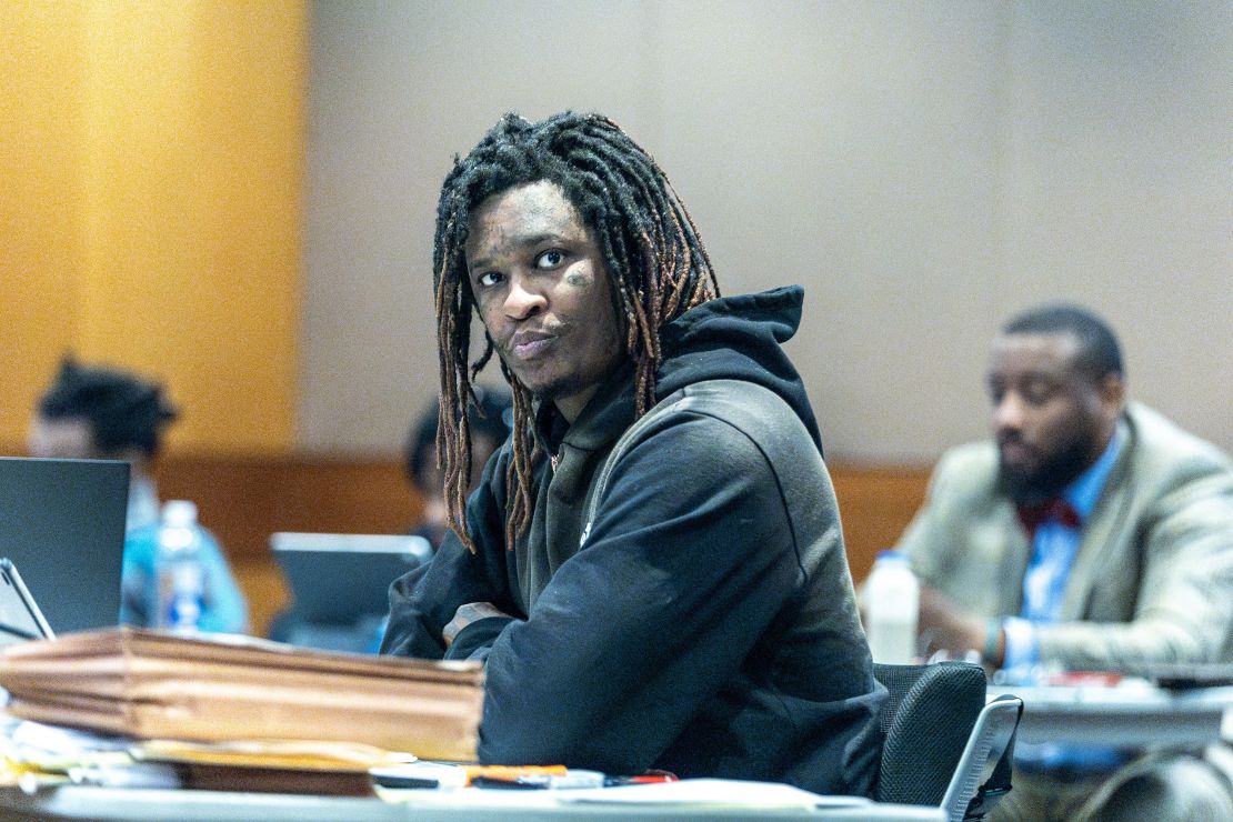 Atlanta rapper Young Thug listens to the jury selection in the "Young Slime Life" gang case at the Fulton County Courthouse Tuesday, Sept. 26, 2023. (Steve Schaefer/Atlanta Journal-Constitution/TNS/ABACAPRESS.COM - NO FILM, NO VIDEO, NO TV, NO DOCUMENTARYNo Use undefined.