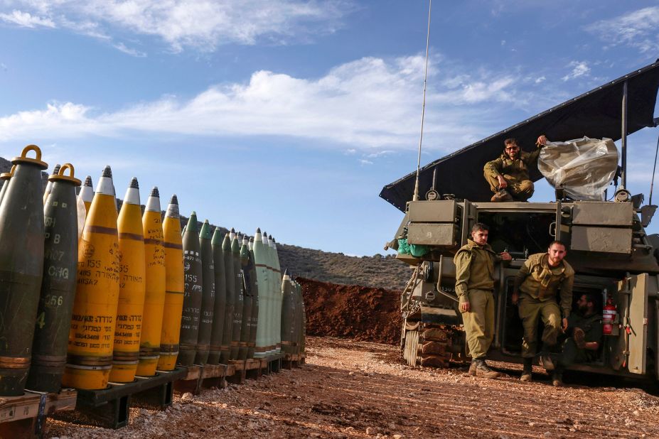 Artillery shells are lined up at a position in the Upper Galilee, northern Israel, bordering southern Lebanon on November 22.