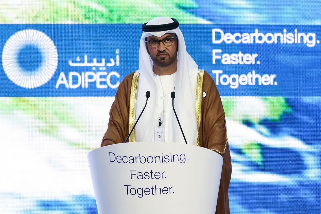 Sultan Ahmed Al Jaber, chief executive officer of Abu Dhabi National Oil Co. (ADNOC) and president of COP28, speaks during the opening ceremony of the Abu Dhabi International Petroleum Exhibition and Conference (ADIPEC) in Abu Dhabi, United Arab Emirates, on Monday, Oct. 2, 2023. The annual strategic energy conference runs from Oct 2-5. Photographer: Christopher Pike/Bloomberg via Getty Images