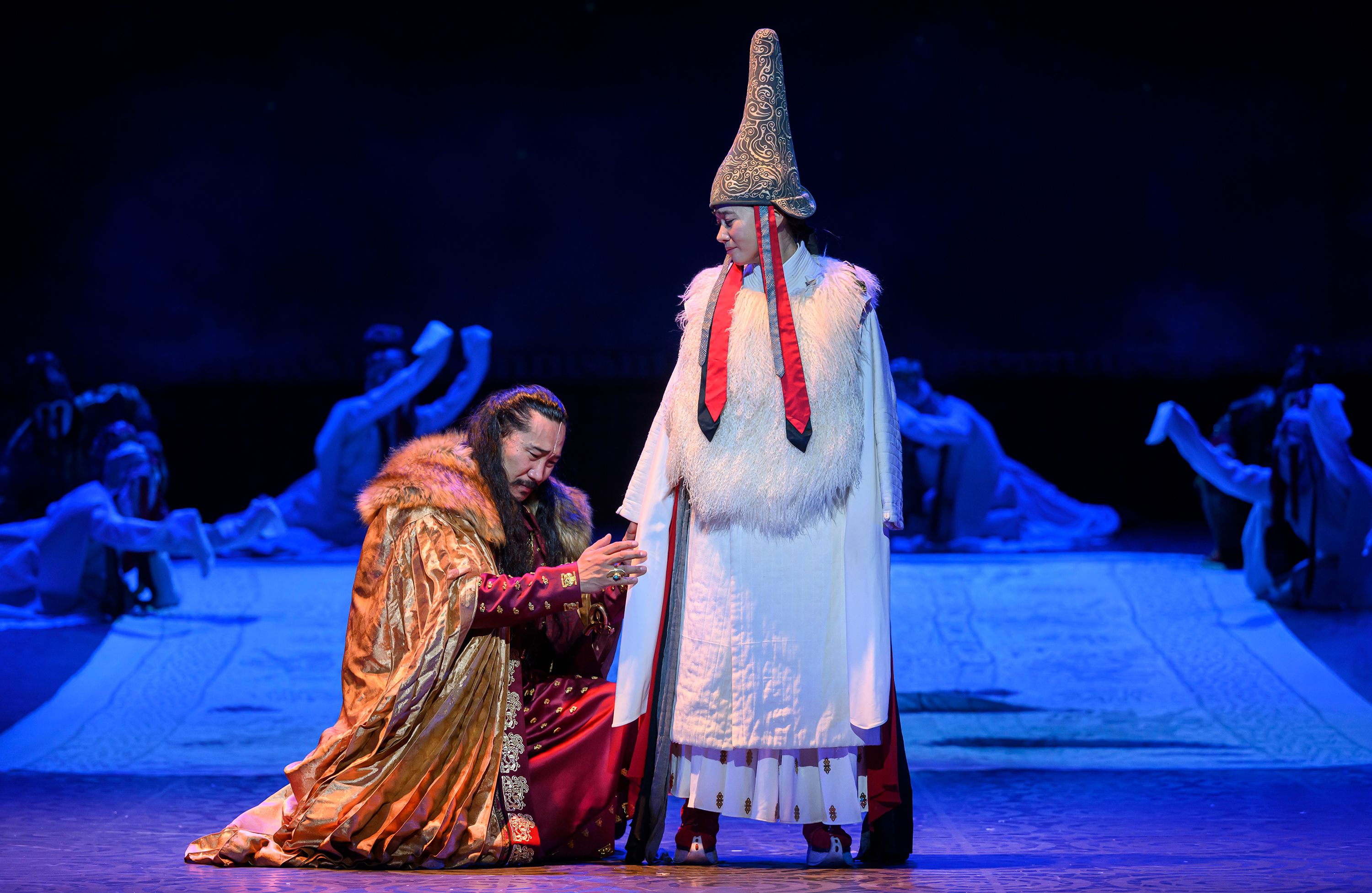 With a cast of more than 70 actors, dancers and musicians, “The Mongol Khan” is "a riot of color and sound."