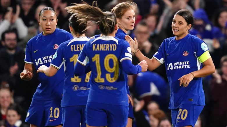 Chelsea's Sam Kerr (right) celebrates scoring their side's first goal of the game during the UEFA Women's Champions League Group D match at Stamford Bridge, London. Picture date: Thursday November 23, 2023. (Photo by John Walton/PA Images via Getty Images)