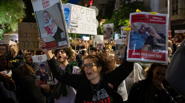 The parents and relatives of children kidnapped on October 7th, along with families of hostages and their supporters take part in a demonstration outside the UNICEF headquarters t on November 20, 2023 in Tel Aviv, Israel.