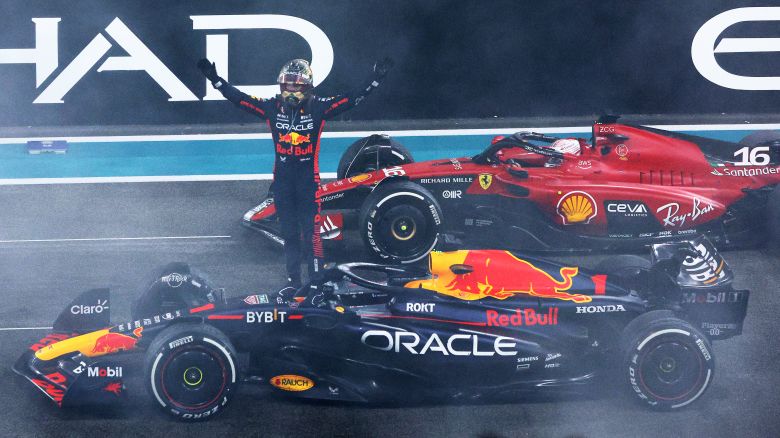 Race winner Max Verstappen of the Netherlands and Oracle Red Bull Racing celebrates in parc ferme during the F1 Grand Prix of Abu Dhabi at Yas Marina Circuit on November 26, 2023 in Abu Dhabi, United Arab Emirates.