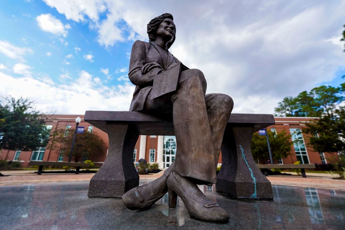 A statue of Rosalynn Carter sits in front of the Health and Human Sciences Complex on the campus of Georgia Southwestern State University, Monday, Nov. 20, 2023, in Americus, Ga. Rosalynn Carter, the closest adviser to Jimmy Carter during his one term as U.S. president and their four decades thereafter as global humanitarians, died Sunday, Nov. 19, 2023. She was 96. (AP Photo/Mike Stewart)