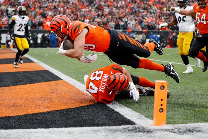 Cincinnati Bengals tight end Drew Sample dives into the end zone for a touchdown during the Bengals' 16-10 loss to the Pittsburgh Steelers on November 26.