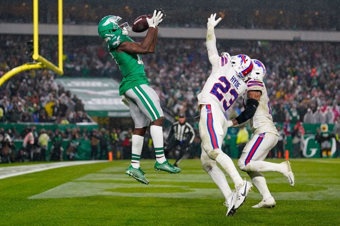 Philadelphia Eagles wide receiver Olamide Zaccheaus catches a touchdown pass over Buffalo Bills safety Micah Hyde on November 26.