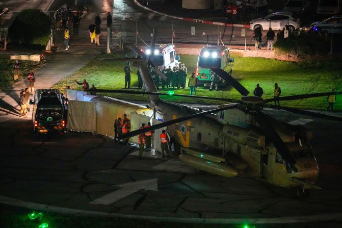 A helicopter carrying hostages released by Hamas lands at Schneider Children's Medical Center in Petah Tikva, Israel, on November 24.