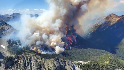 BRITISH COLUMBIA, CANADA - JULY 10: (----EDITORIAL USE ONLY "MANDATORY CREDIT - BC WILDFIRE SERVICE" - NO MARKETING NO ADVERTISING CAMPAIGNS - DISTRIBUTED AS A SERVICE TO CLIENTS----) An aerial view of wildfire of Tatkin Lake in British Columbia, Canada on July 10, 2023. (Photo by BC Wildfire Service/Anadolu Agency via Getty Images)