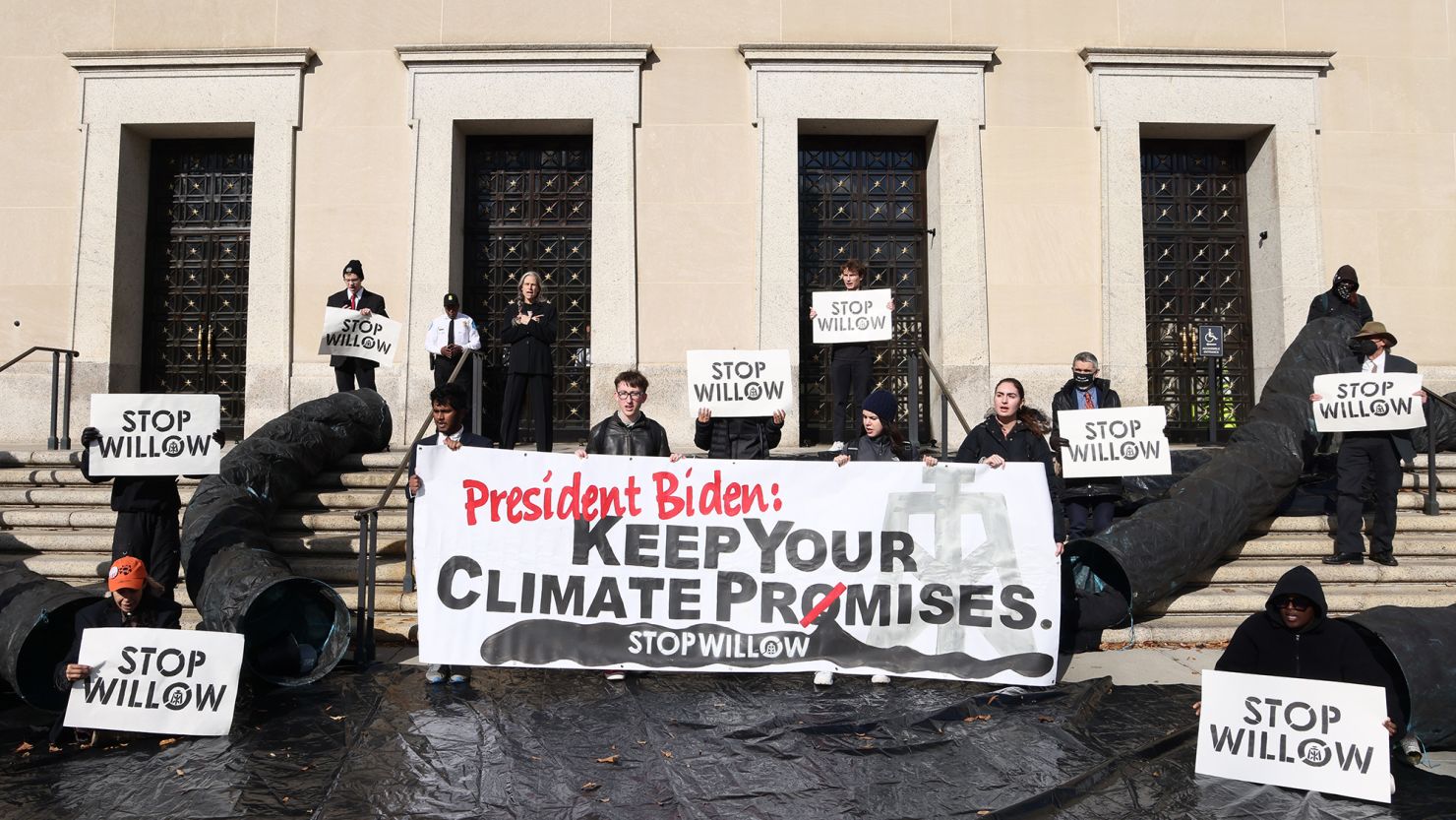 WASHINGTON, DC - NOVEMBER 17: Climate activist hold a demonstration to urge President Biden to reject the Willow Project at the US Department of Interior on November 17, 2022 in Washington, DC. (Photo by Jemal Countess/Getty Images for Sunrise AU)