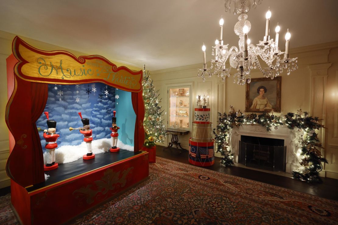 WASHINGTON, DC - NOVEMBER 27: The White House Vermeil Room is decorated to celebrate music and performance, including a mechanical theater in the center of the room with rotating United States Marine Band figures, during a media preview of the 2023 holiday decorations November 27, 2023 in Washington, DC. The theme for this year's White House decorations is "Magic, Wonder and Joy," and is designed to capture the "delight and imagination of childhood." The White House expects to welcome approximately 100,000 visitors during the holiday season. (Photo by Kevin Dietsch/Getty Images)