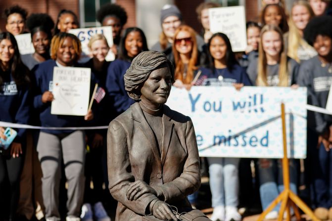 A statue of Rosalynn Carter is seen during a wreath-laying ceremony Monday at the Rosalynn Carter Health and Human Services Complex, which is on the campus of Georgia Southwestern State University in Americus, Georgia. The motorcade stopped in Americus before heading to Atlanta.