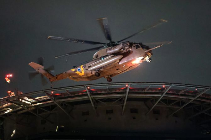 An Israeli helicopter transporting hostages released by Hamas prepares to land at the Tel Aviv Sourasky Medical Center in Tel Aviv, Israel on November 28.
