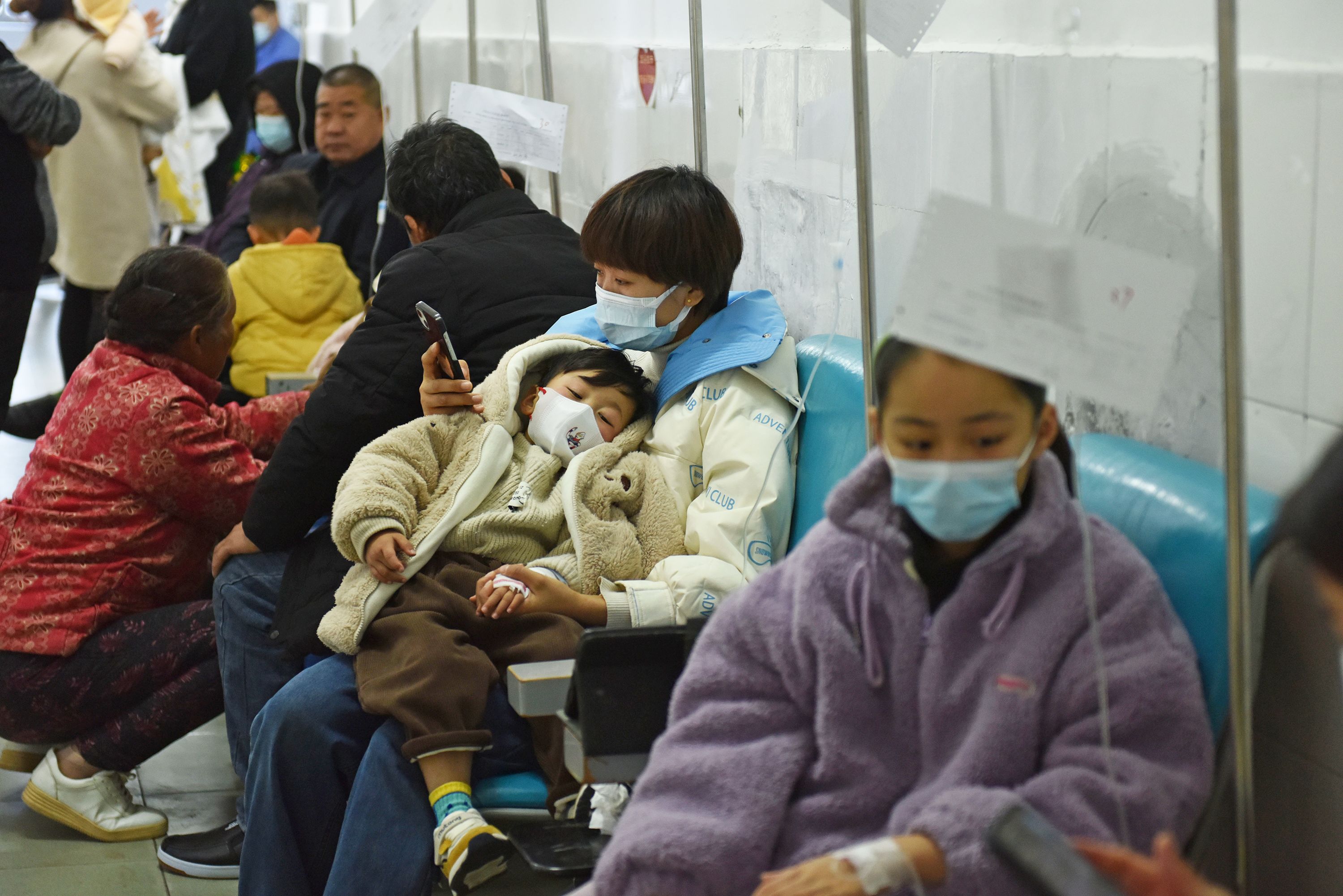 Sick children being accompanied by their parents receiving IV treatment at the Pediatric Department of People's Hospital in Fuyang, China, on November 28, 2023. (Photo by Costfoto/NurPhoto, Getty Images)