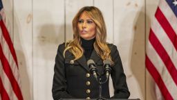 WAPWALLOPEN, PENNSYLVANIA, UNITED STATES - 2020/10/31: First Lady Melania Trump speaks at Make America Great Again event as part of election campaign at Whitewoods. Event has been held in open air and all supporters and staff were asked to wear facial masks, they were available for everyone at the entrance as well as hand sanitizers. Wearing masks was mandatory at this event. (Photo by Lev Radin/Pacific Press/LightRocket via Getty Images)