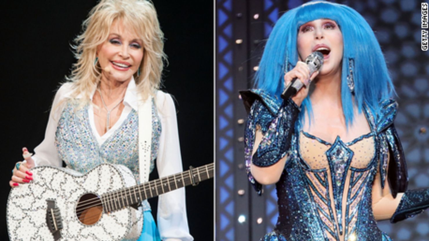 Left - RANCHO MIRAGE, CA - JANUARY 24: Singer Dolly Parton Performs at Agua Caliente Casino on January 24, 2014 in Rancho Mirage, California. (Photo by Valerie Macon/Getty Images)

Right - NEW YORK, NEW YORK - DECEMBER 04: Cher performs at Madison Square Garden on December 04, 2019 in New York City. (Photo by Taylor Hill/Getty Images)