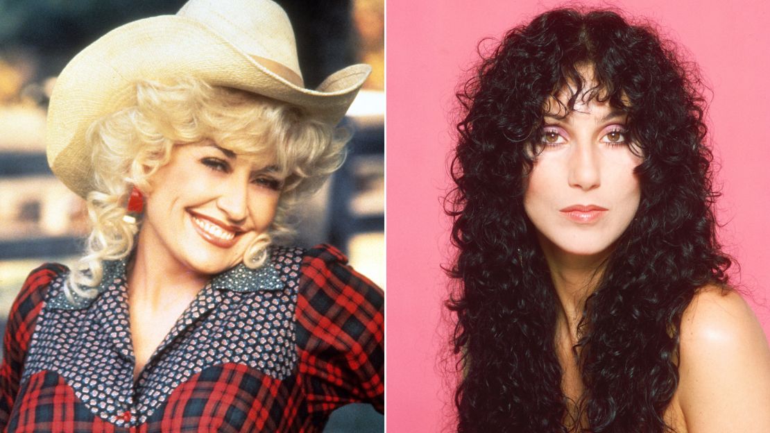 Left - Dolly Parton In 'Rhinestone'
Dolly Parton in publicity portrait for the film 'Rhinestone', 1984. (Photo by 20th Century-Fox/Getty Images)
Right - LOS ANGELES - JULY 1979: Singer and actress Cher poses for a publicity Session in July 1979 in Los Angeles, California. (Photo by Harry Langdon/Getty Images)