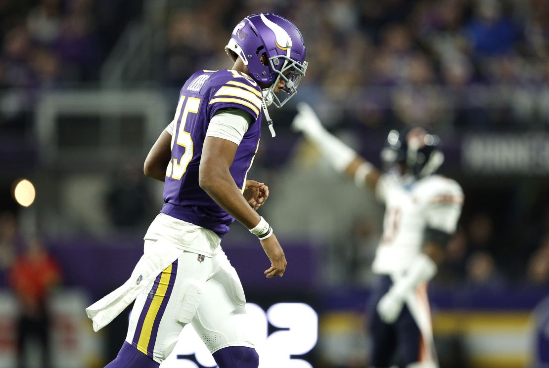 MINNEAPOLIS, MINNESOTA - NOVEMBER 27: Joshua Dobbs #15 of the Minnesota Vikings reacts after an interception during the fourth quarter against the Chicago Bears at U.S. Bank Stadium on November 27, 2023 in Minneapolis, Minnesota. (Photo by David Berding/Getty Images)