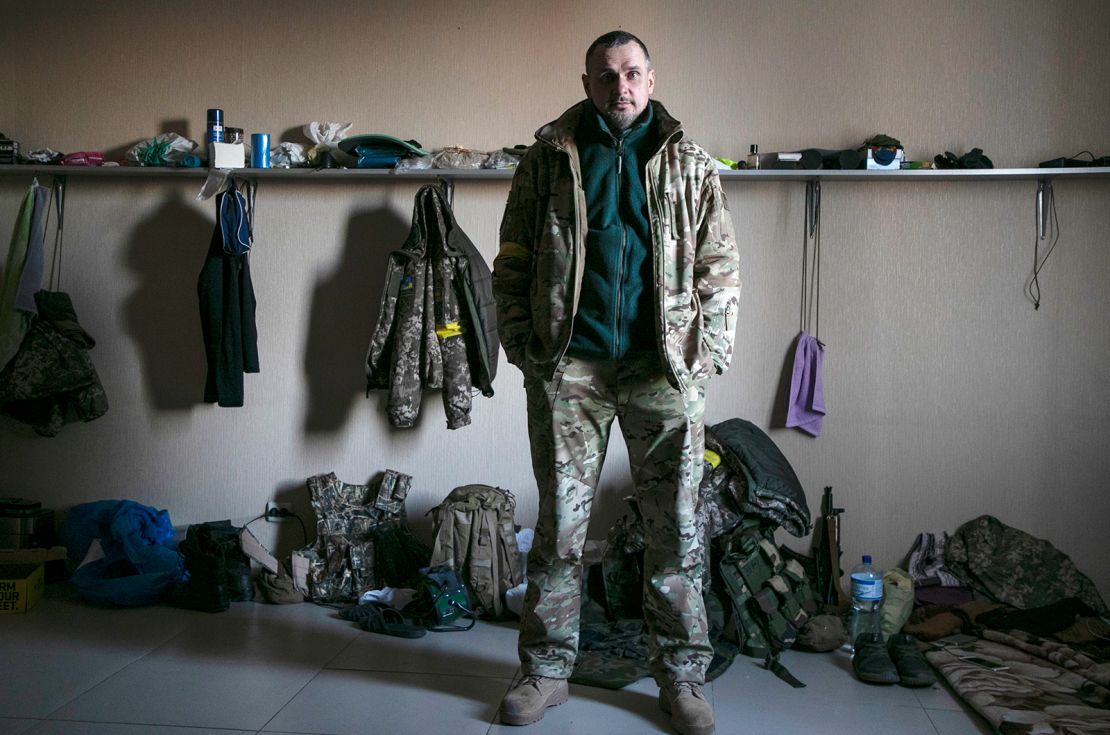 Filmmaker and deputy commander of a Kyiv unit Oleg Sentsov, poses in the room he shares with members of his unit on March 10, 2022 in Kyiv, Ukraine.