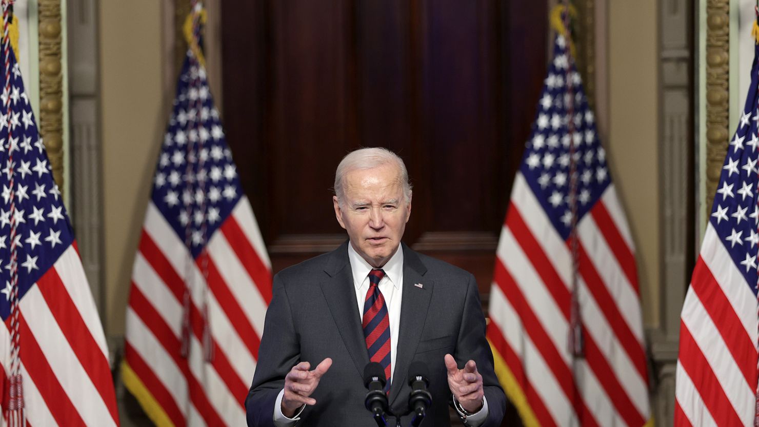 U.S. President Joe Biden speaks about supply chain resilience during an event in the Indian Treaty Room at the Eisenhower Executive Office Building on November 27, 2023 in Washington, DC.