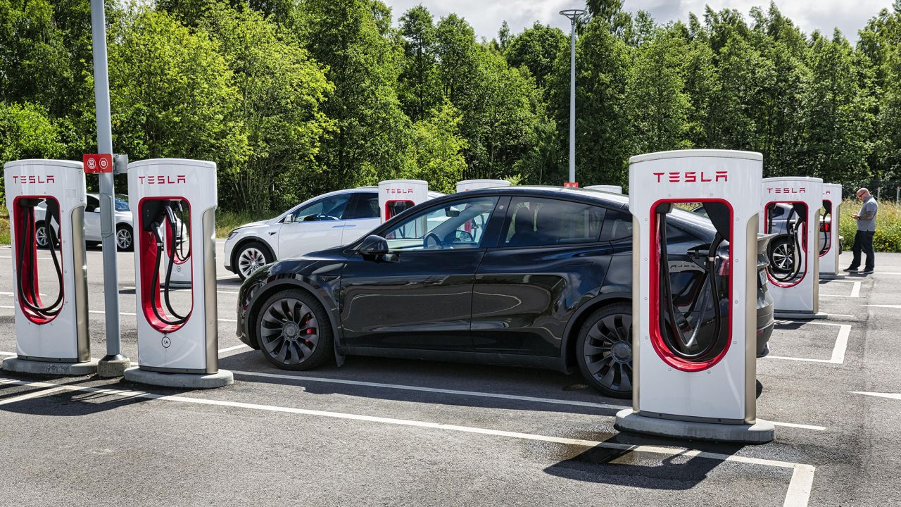Mandatory Credit: Photo by Angela to Roxel/imageBROKER/Shutterstock (13911361j)
Tesla charging stations for electric vehicles, Supercharger, electric charging station, Sweden
Various 23afbdajaa