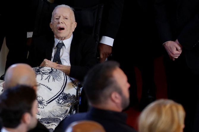 Former President Jimmy Carter <a href="index.php?page=&url=https%3A%2F%2Fwww.cnn.com%2Fus%2Flive-news%2Frosalynn-carter-tribute-service-tuesday-11-28-23%2Fh_a5041efb56df2036b9d275c9d8cf2fd2" target="_blank">attends his wife's tribute service</a> on Tuesday. Carter, who is 99 and receiving hospice care at home, had been expected﻿ to attend. His grandson Jason Carter told CNN "we all know that he wouldn't miss it for the world."