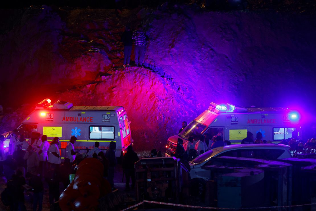 Ambulances wait to enter a tunnel where rescue operations are underway to rescue trapped workers, after the tunnel collapsed, in Uttarkashi in the northern state of Uttarakhand, India, November 28, 2023. REUTERS/Francis Mascarenhas