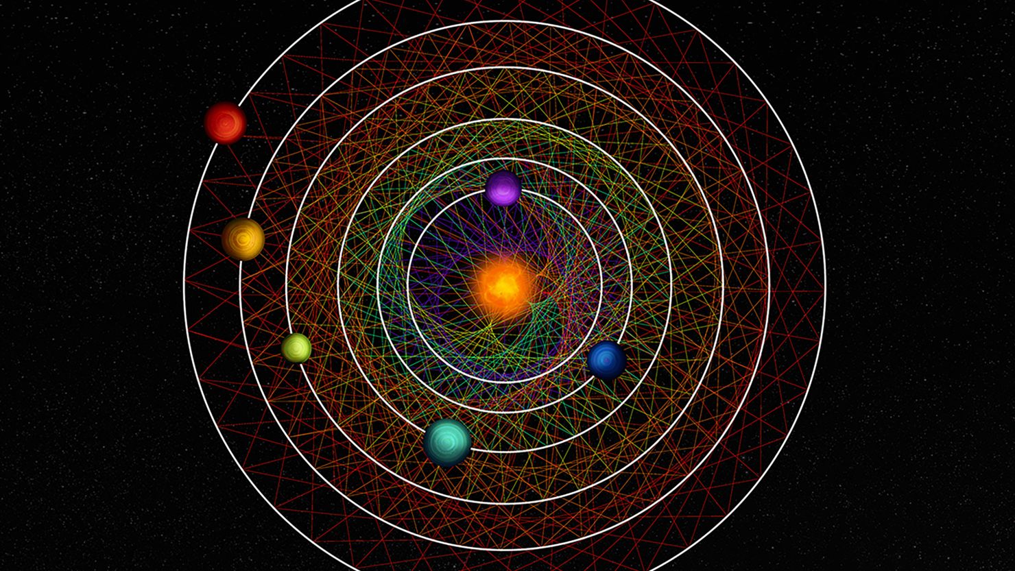 Tracing a link between two neighbour planet at regular time interval along their orbits, create a pattern unique to each couple. The six planets of the HD110067 system create together a mesmerising geometric pattern due to their resonance-chain.