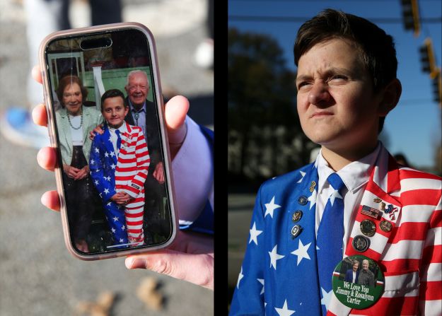 Reed Elliotte, a 13-year-old from Corbin, Kentucky, was among those outside the church on Tuesday. Reed, who attended one of Jimmy Carter's final Sunday schools in 2019, also showed off a photo he took with the Carters.