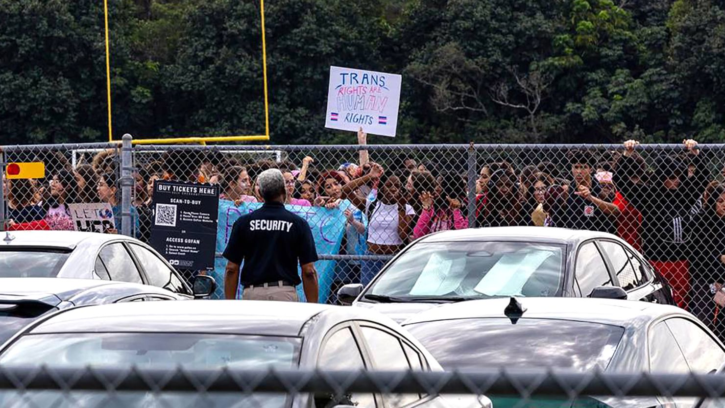 Monarch High School students conduct a walkout on Tuesday, Nov. 28, 2023, after the principal, James Cecil, and other staff members were removed from their positions pending an investigation. The reassignments occurred because a female transgender student had been playing volleyball at the school in Coconut Creek, Florida.