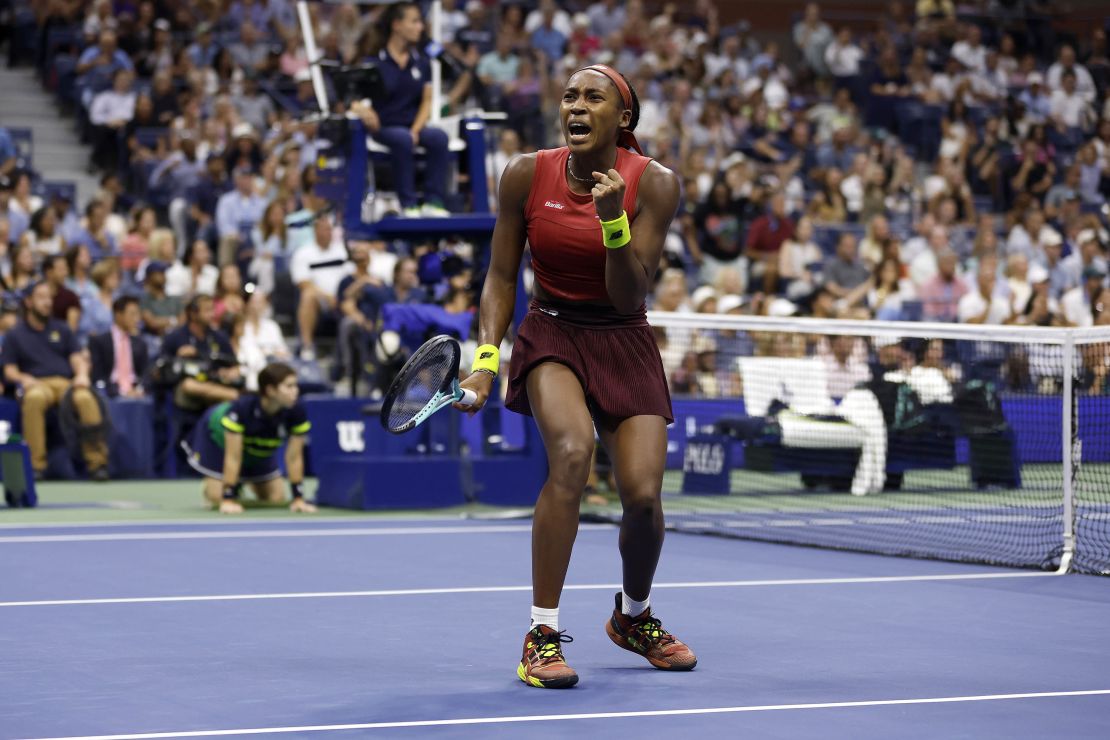 NEW YORK, NEW YORK - SEPTEMBER 09: Coco Gauff of the United States celebrates a break point in the third set against Aryna Sabalenka of Belarus during their Women's Singles Final match on Day Thirteen of the 2023 US Open at the USTA Billie Jean King National Tennis Center on September 09, 2023 in the Flushing neighborhood of the Queens borough of New York City. (Photo by Sarah Stier/Getty Images)