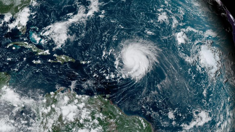 In this NOAA image taken by the GOES satellite, Hurricane Lee crosses the Atlantic Ocean as it moves west on September 8, 2023. Lee reached Category 5, but then weakened slightly to Category 4 as it expected to be a dangerous storm as it moves over the southwest Atlantic. It is too early to know if it will directly affect the United States.