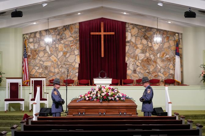 An honor guard from the Georgia State Patrol stands at the casket of former first lady Rosalynn Carter at the Maranatha Baptist Church in Plains, Georgia, on Wednesday, November 29.