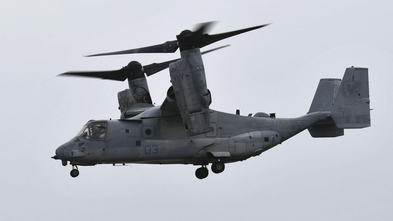 A U.S. military Osprey tilt-rotor aircraft takes off from U.S. military port facilities in Naha in Okinawa Prefecture to U.S. Marine Corps Air Station Futenma in Ginowan in the southern Japan island prefecture on March 20, 2023.