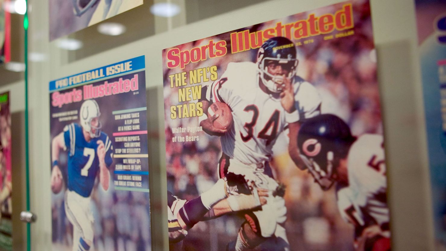 Historical covers of Sports Illustrated magazine in the NFL headquarters in New York City in January 2005.