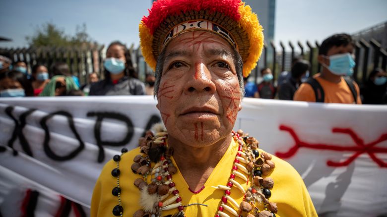 Indigenous people of the Siekopai nation demonstrated outside the National Court of Justice (CNJ) to demand the ratification of the right to keep 'invaders' out of their ancestral territory, in Quito, Ecuador, August 24, 2021.